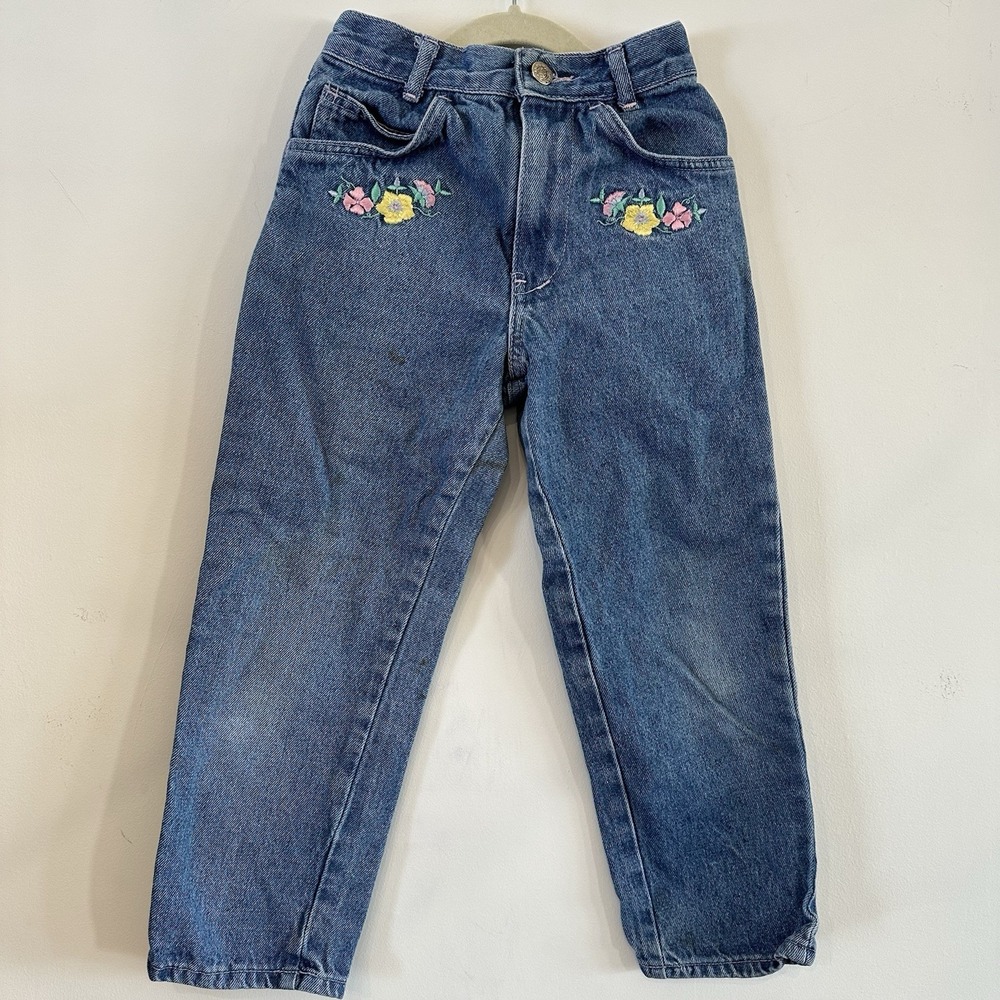 VTG‎ 90's Girl 6/7 Denim Blue Jeans Light Wash Flower Embroidery Cotton